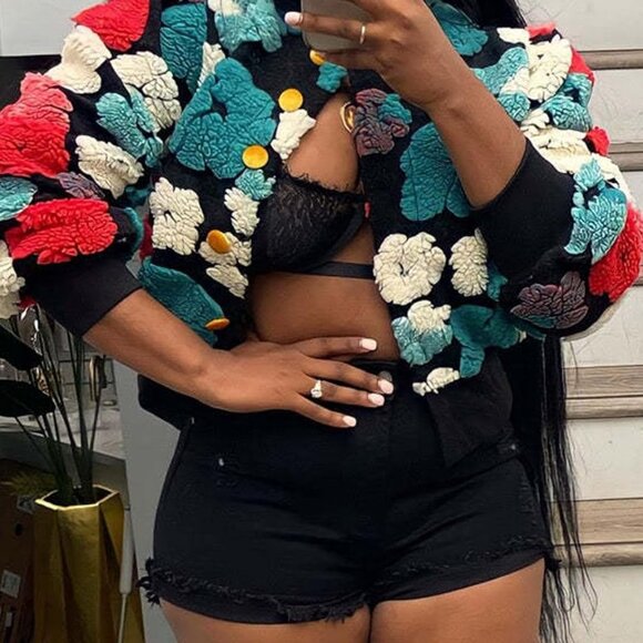 Women's Cropped Floral Print Bomber Jacket Warm Fleece Varsity Jacket Casual But - Picture 6 of 7